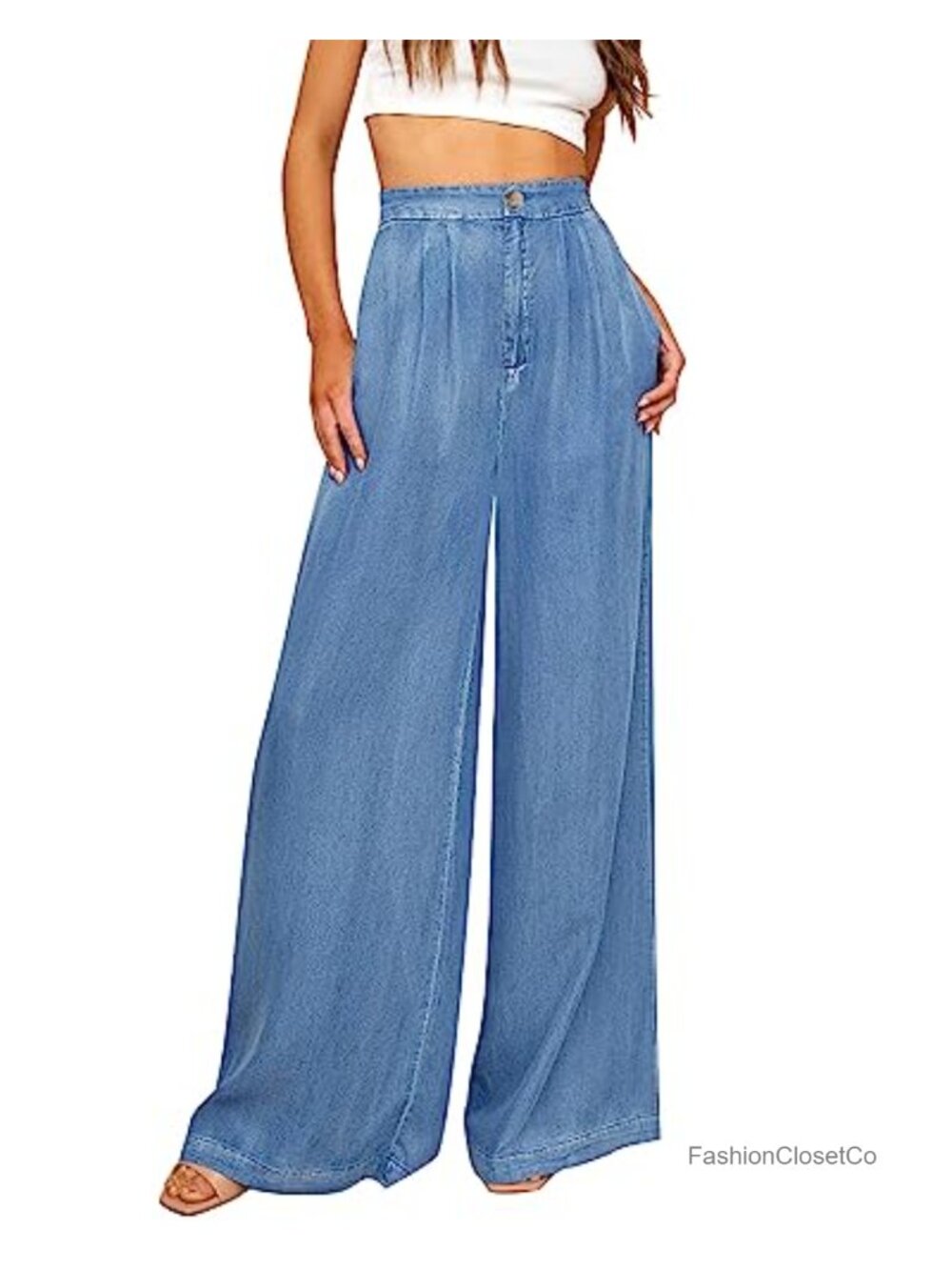 High Waisted Wide Leg Palazzo Jeans Flowy Pleated Summer Trousers